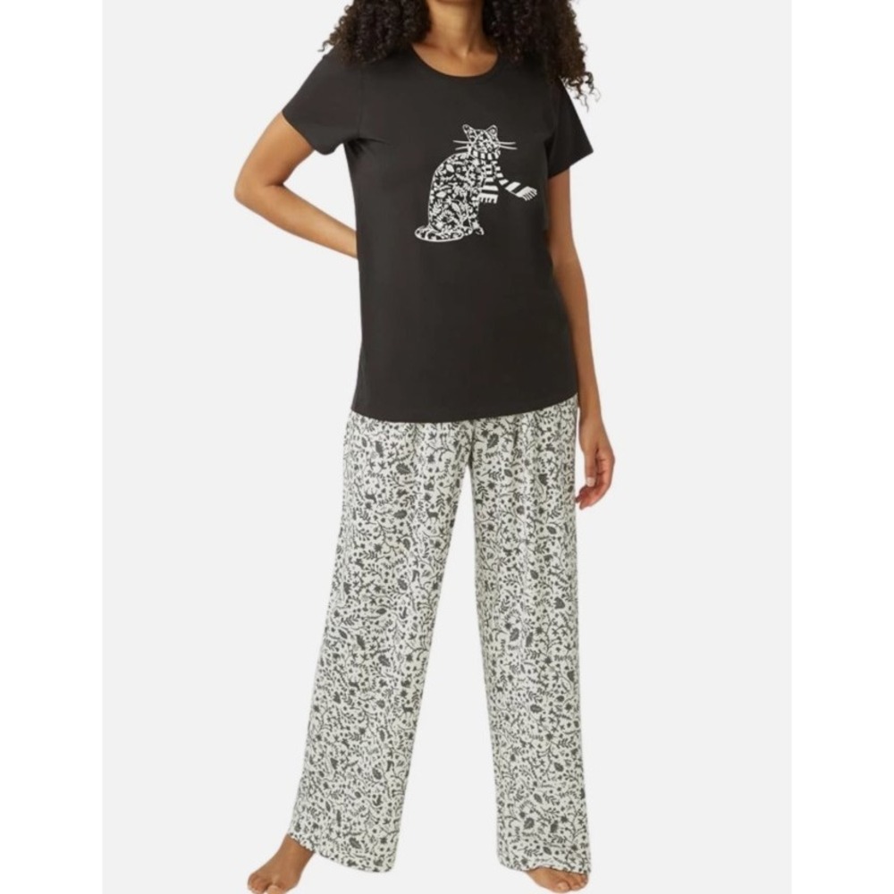 Hue Pajama Set Womens Large Black White Cat Floral Rhinestone 2pc Sleepwear NWT - Picture 1 of 8